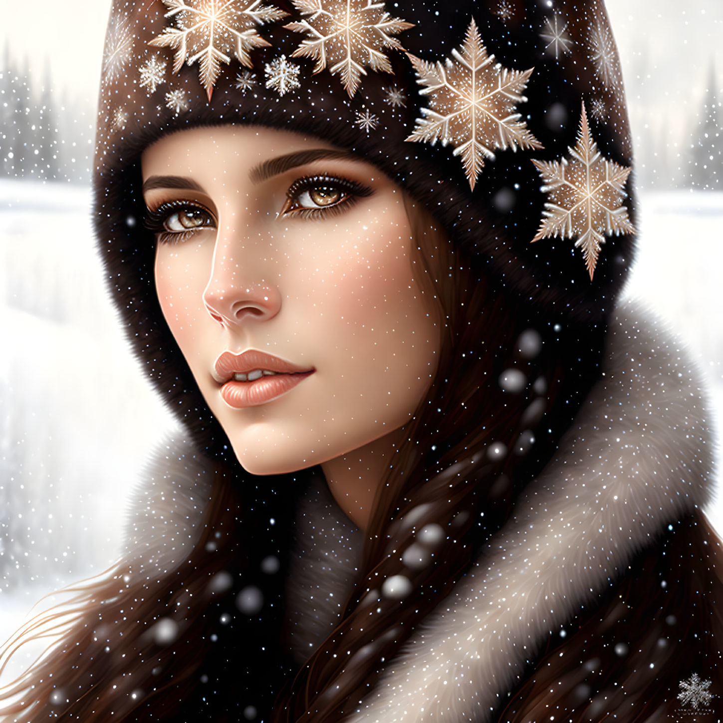 Brown-haired woman in winter attire with snowflakes, snowy landscape portrait.