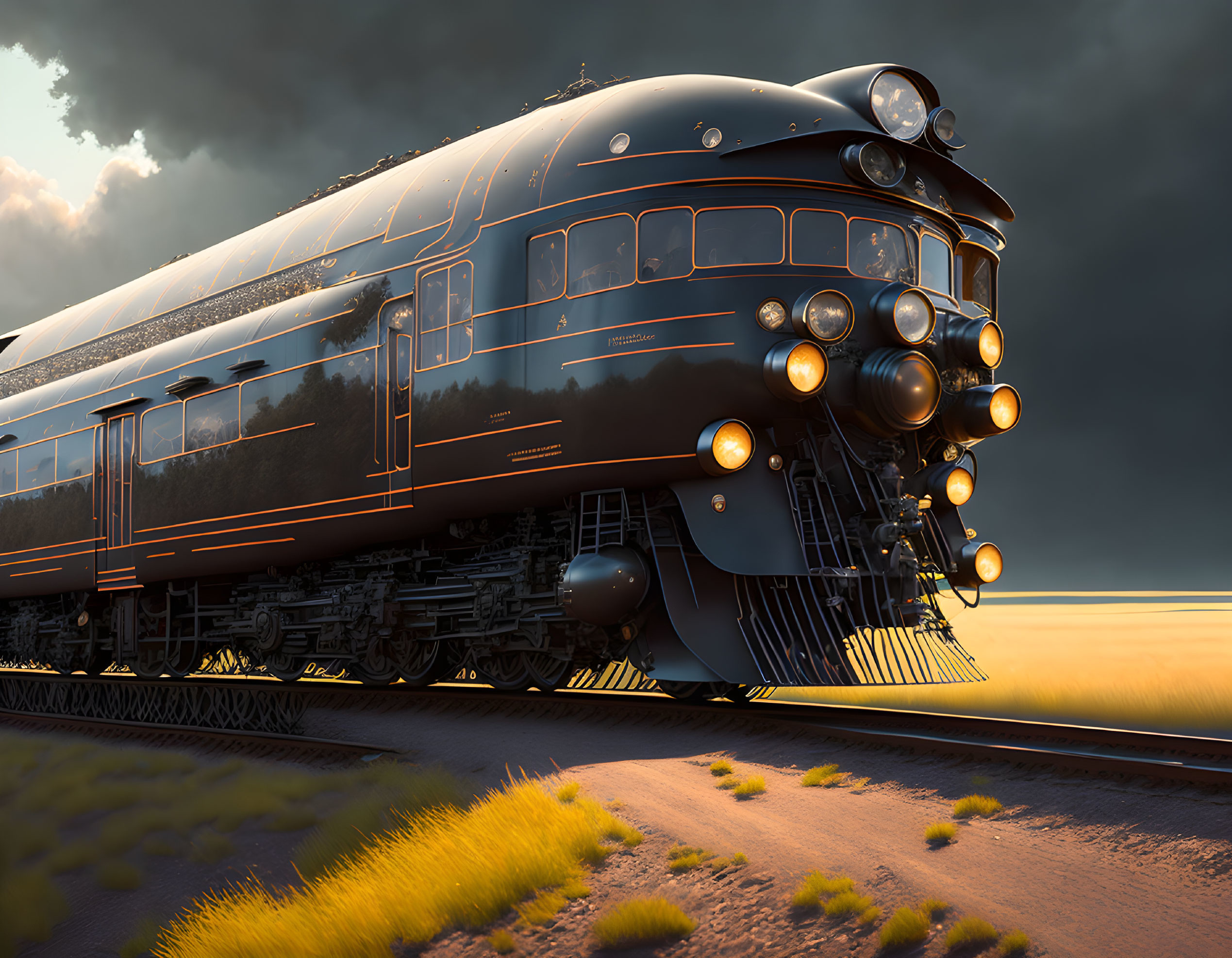 Vintage Train with Shining Headlights on Tracks at Dusk