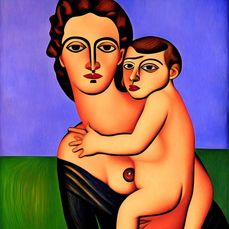 Stylized painting of woman and child on blue and green background