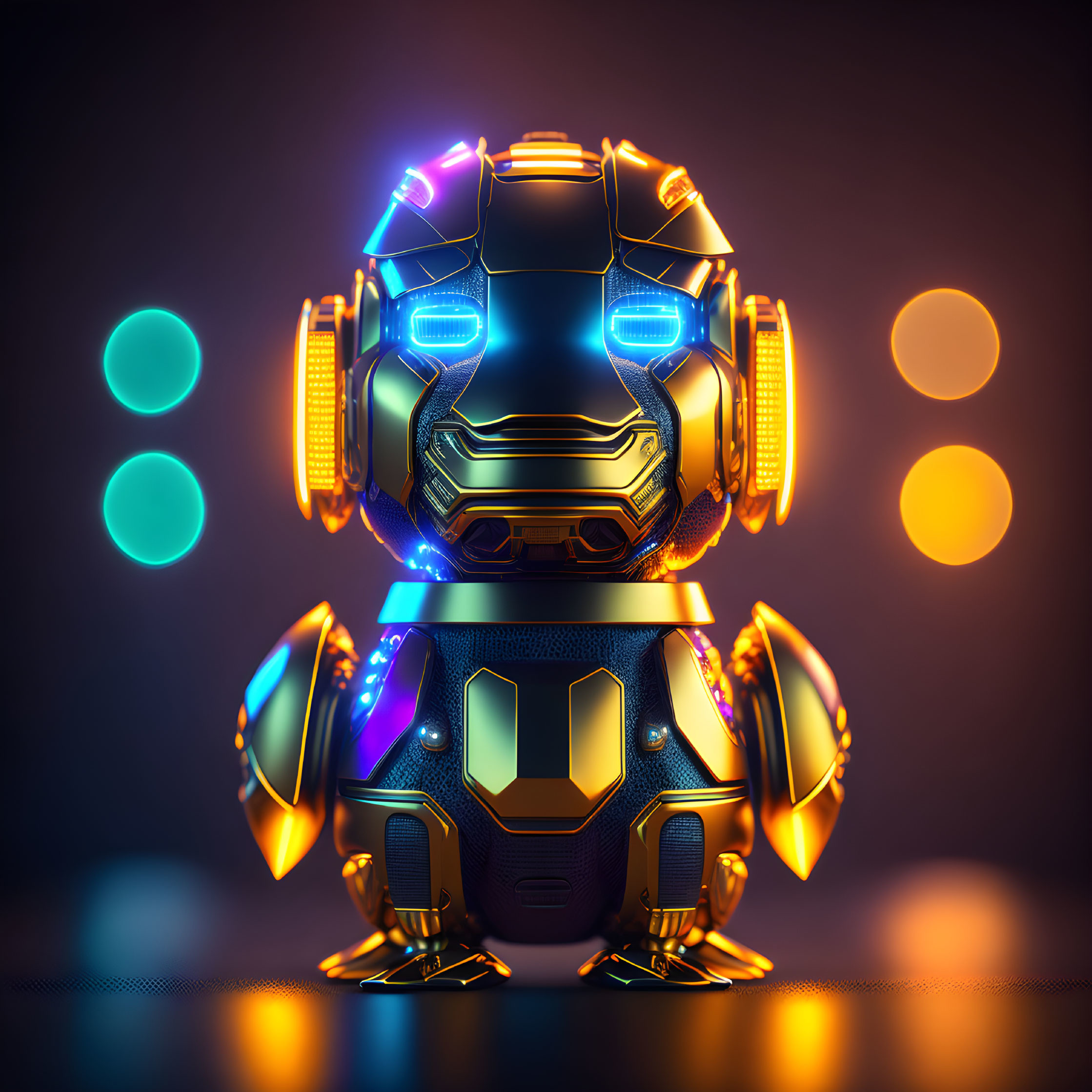 Futuristic Robot with Glowing Blue and Orange Lights on Dark Background