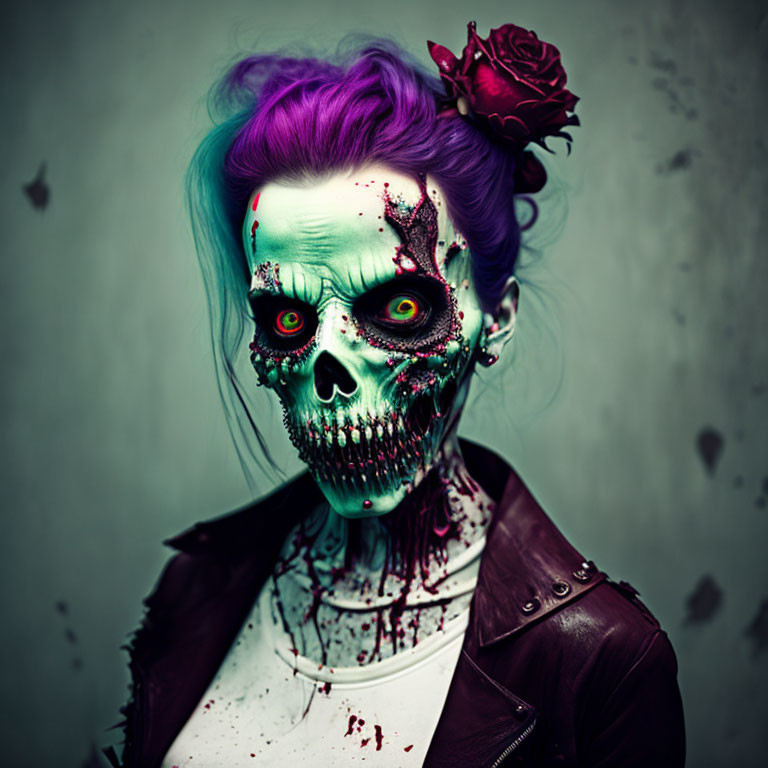 Skull face makeup, purple hair, leather jacket, and rose pose.