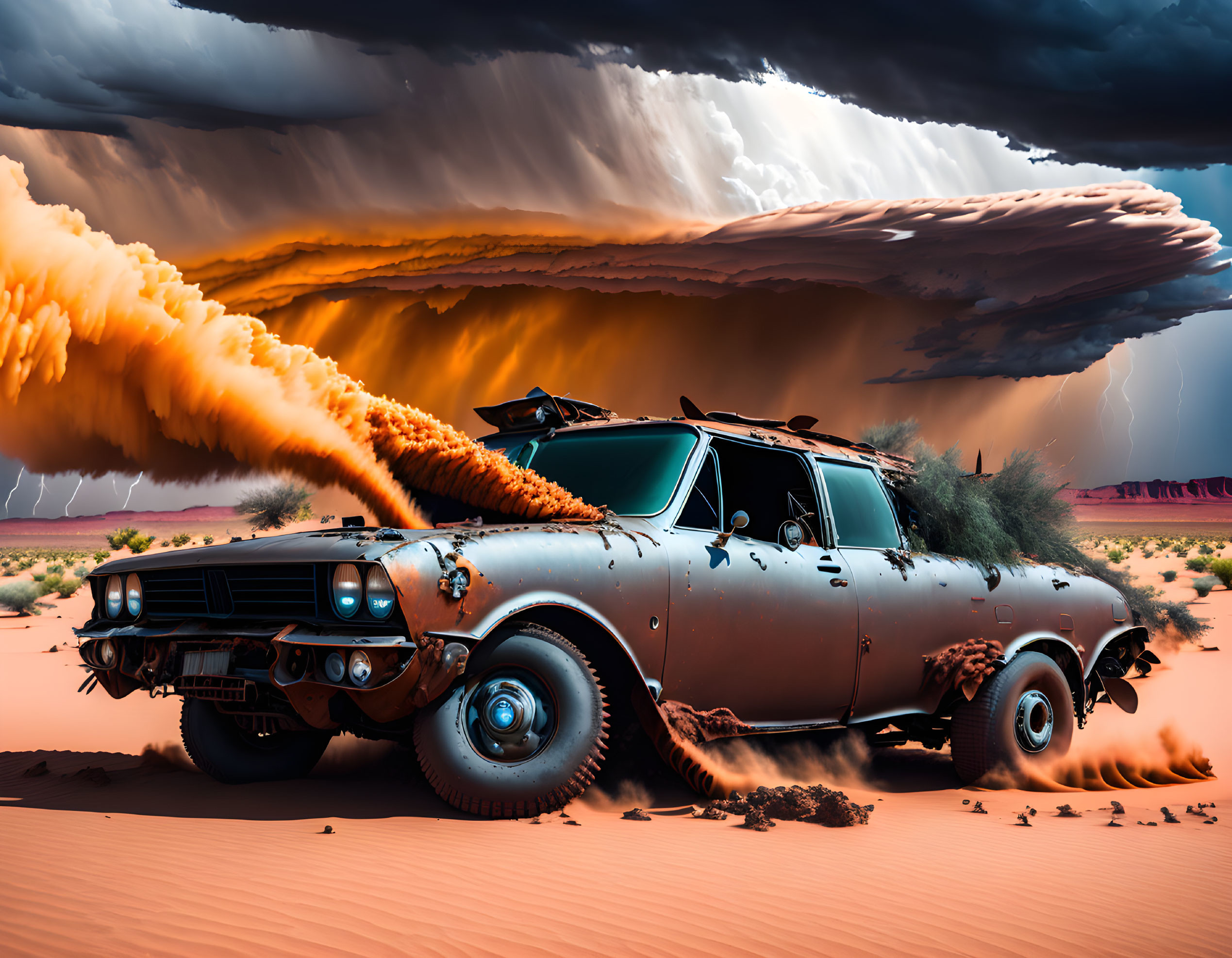 Vintage car racing in desert with dramatic orange sky and swirling sand