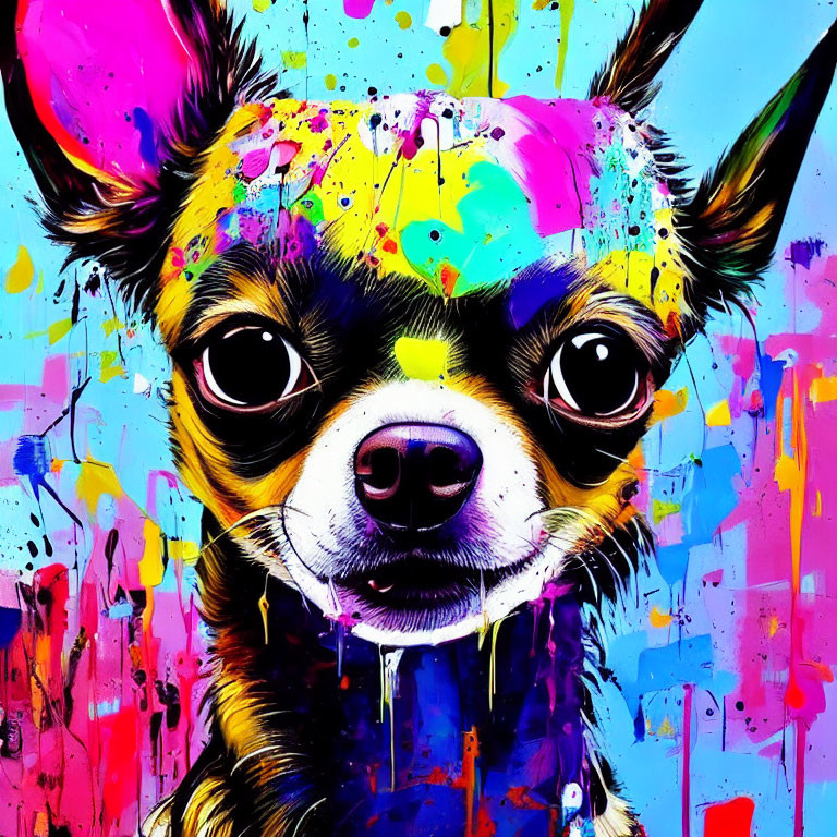 Vibrant Chihuahua Artwork on Blue Background