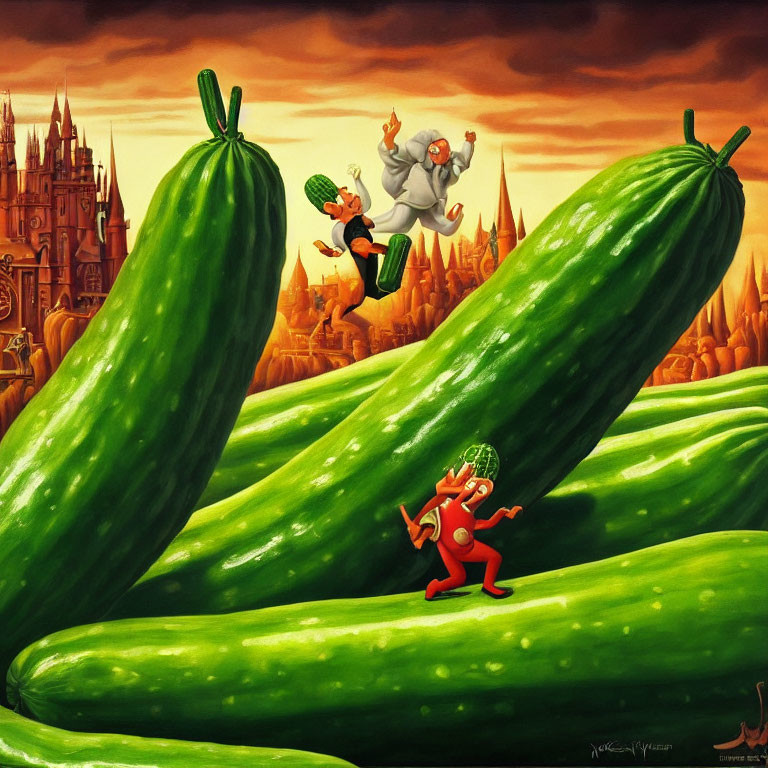 Whimsical vegetable characters in fairytale painting with large cucumbers