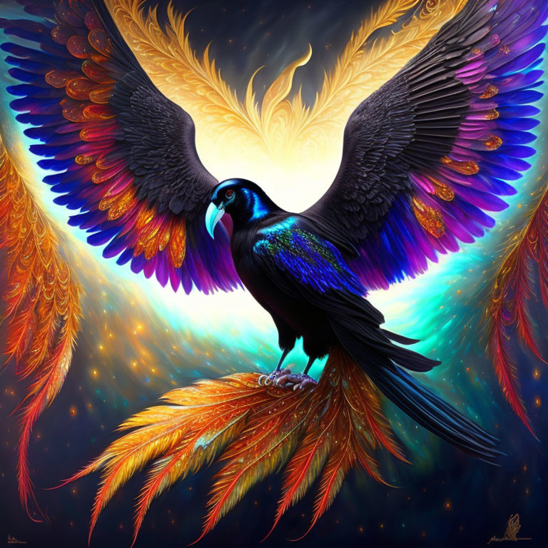 Majestic raven digital artwork with vibrant, colorful wings against celestial backdrop