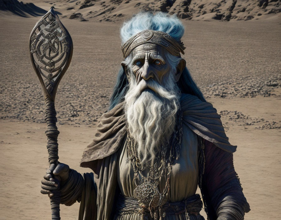 Blue-skinned fantasy character with white beard, staff, tribal jewelry in desert.