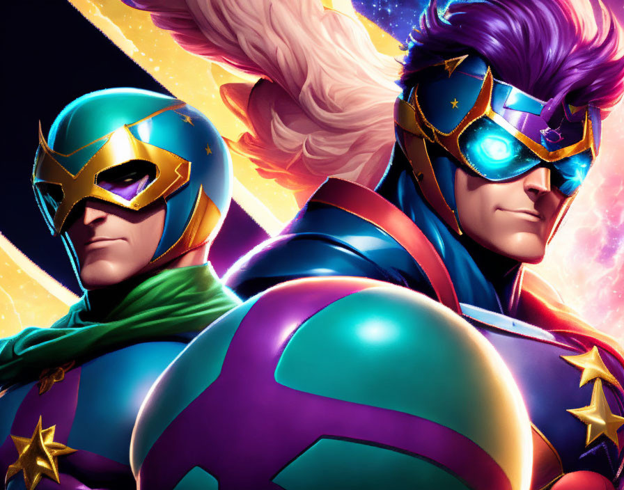 Vibrant superheroes in purple and green costumes against cosmic backdrop