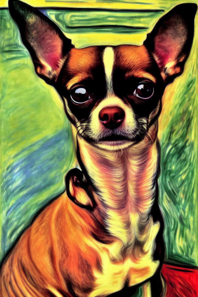 Chihuahua portrait with head tilt, large ears, intense gaze on vibrant backdrop