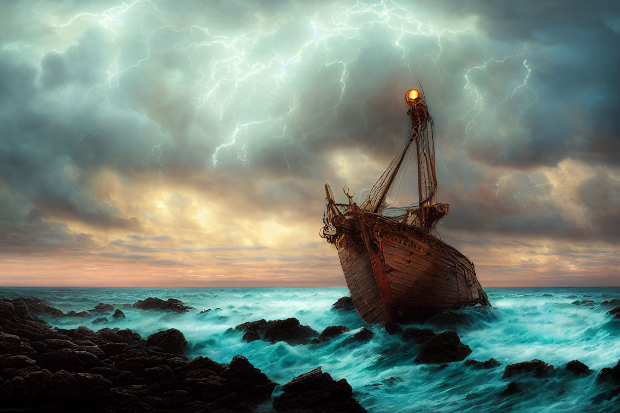 Shipwreck on Jagged Rocks Amid Lightning and Turbulent Waves at Dusk