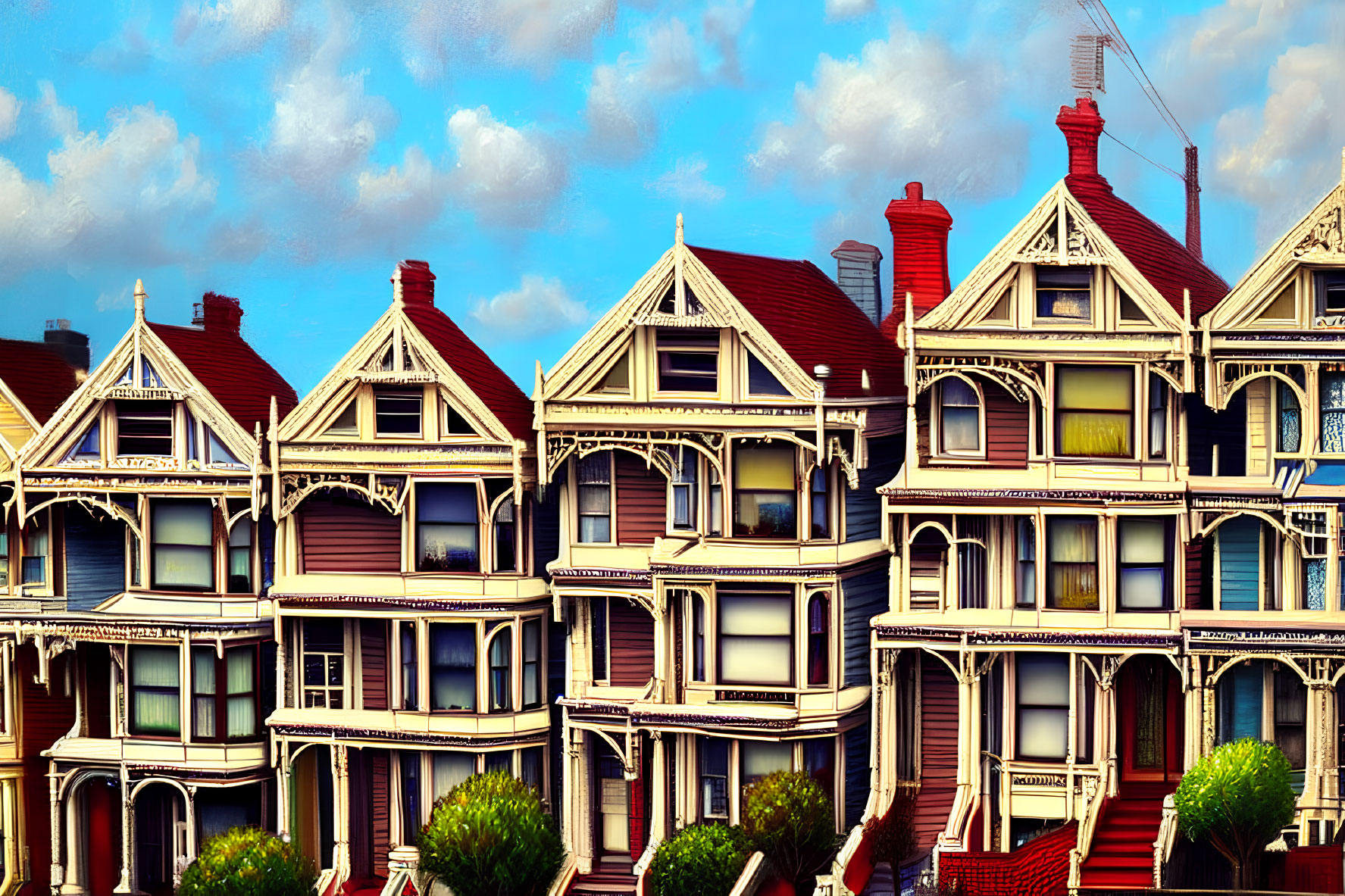 Victorian houses with intricate detailing under blue sky