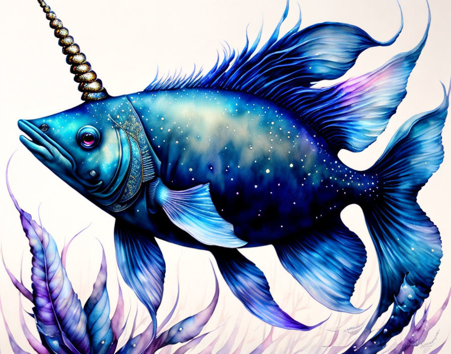 Fantastical fish with unicorn-like horn and intricate patterns on purple backdrop