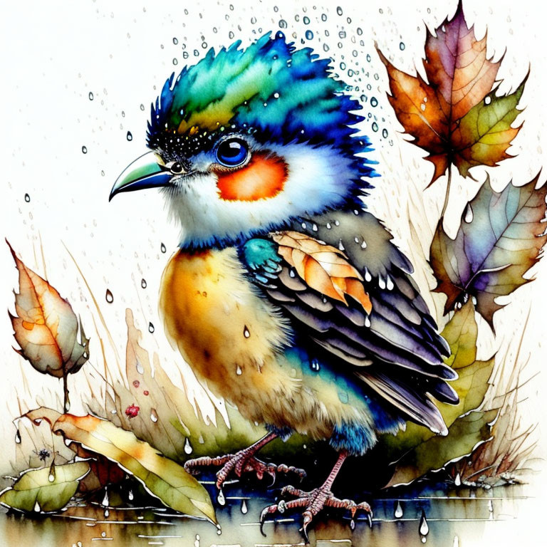 Vibrant watercolor illustration of bird with autumn leaves and water droplets