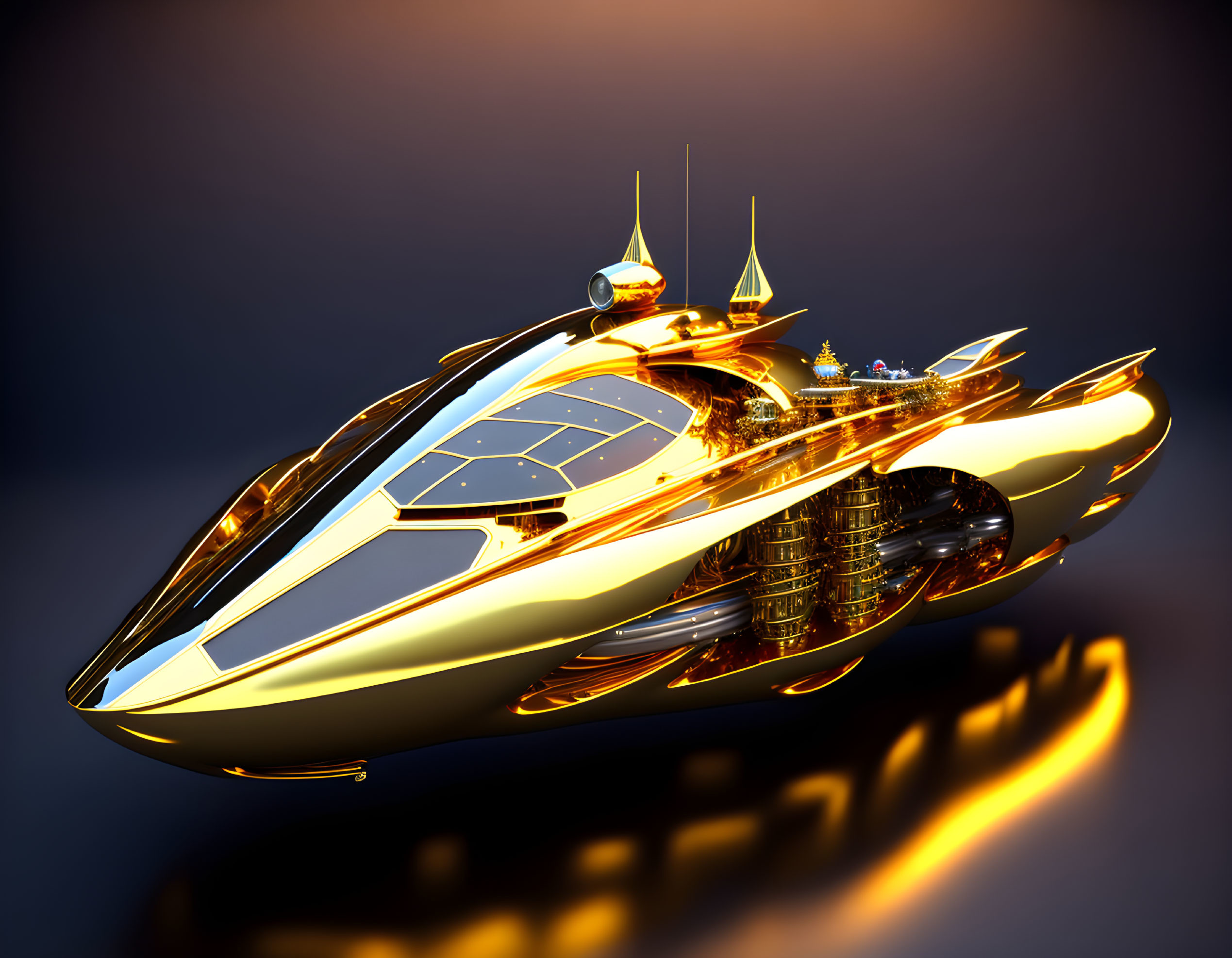 Golden futuristic yacht with glowing elements hovering over reflective surface