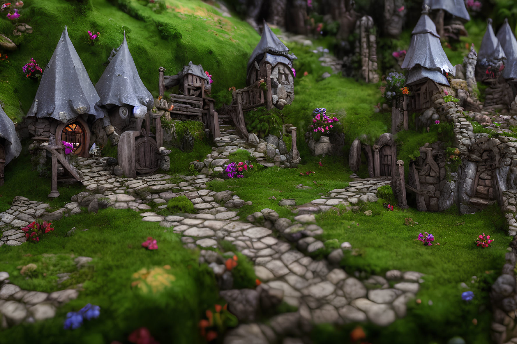 Miniature Fantasy Village with Moss-Covered Cottages