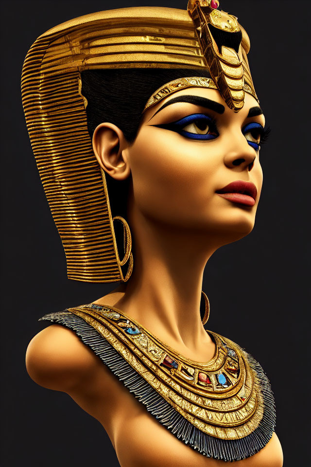 Ancient Egyptian-inspired profile portrait with golden headdress and blue eyeshadow