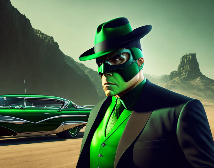 Masked man in green suit with classic car in desert landscape