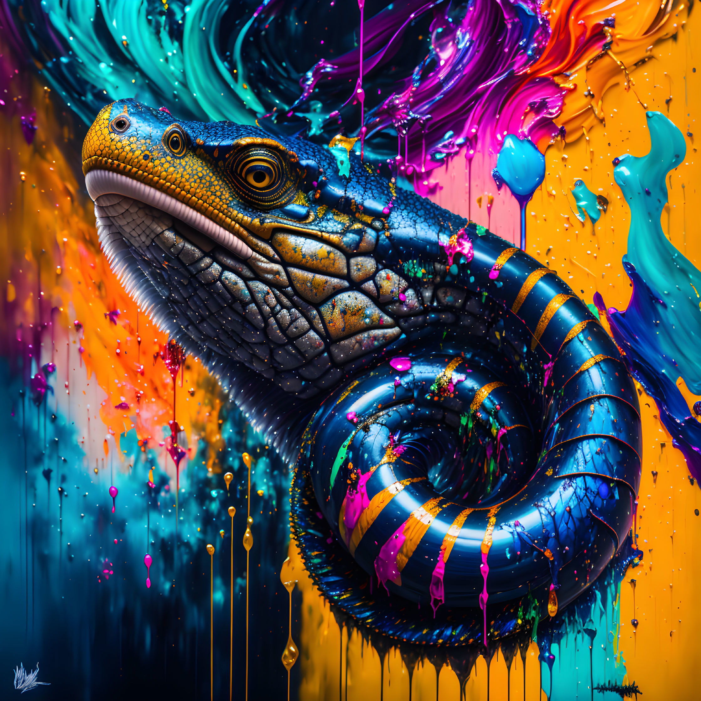 Colorful digital artwork: Blue coiled lizard on dynamic paint backdrop