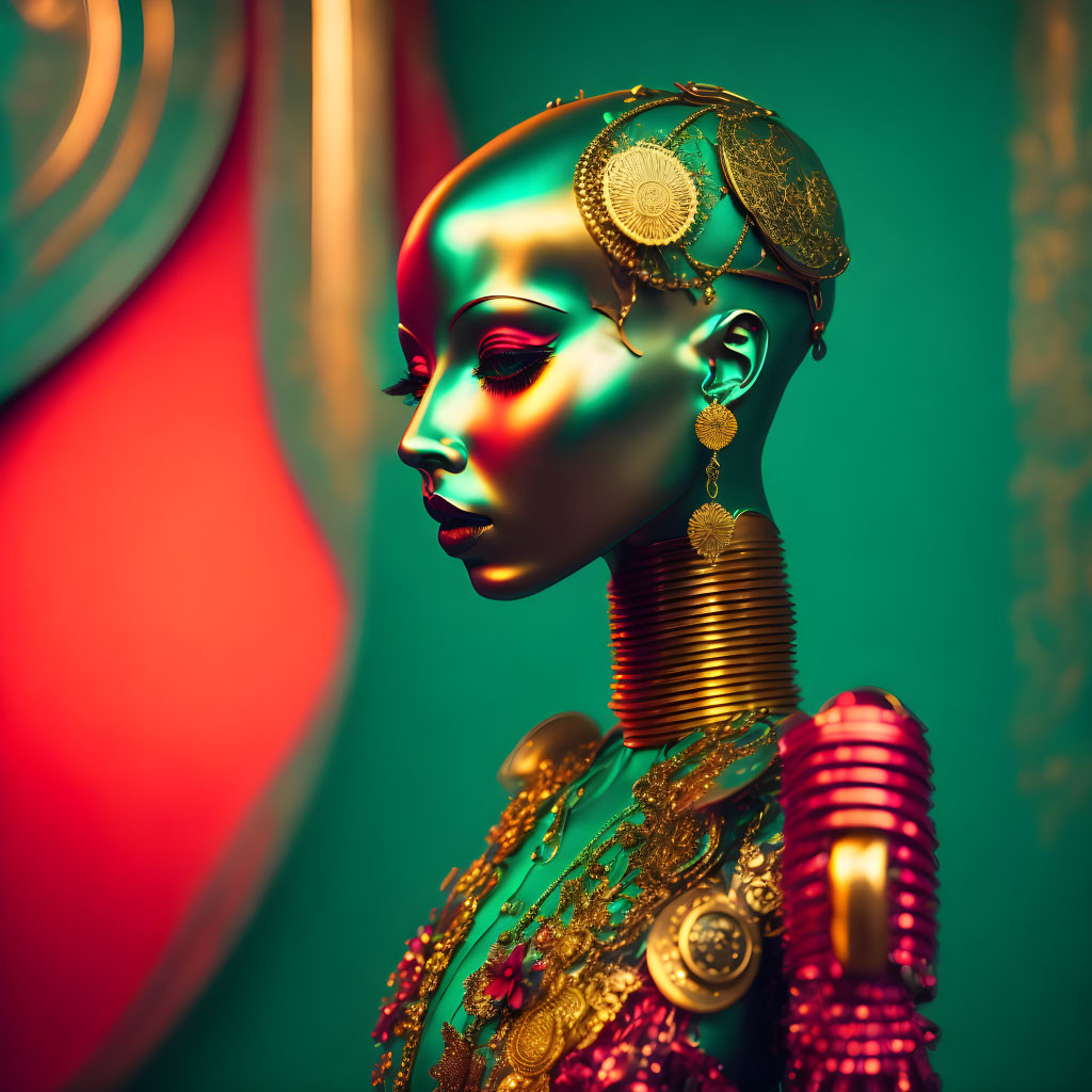 3D rendered female figure with golden jewelry in futuristic African-inspired style