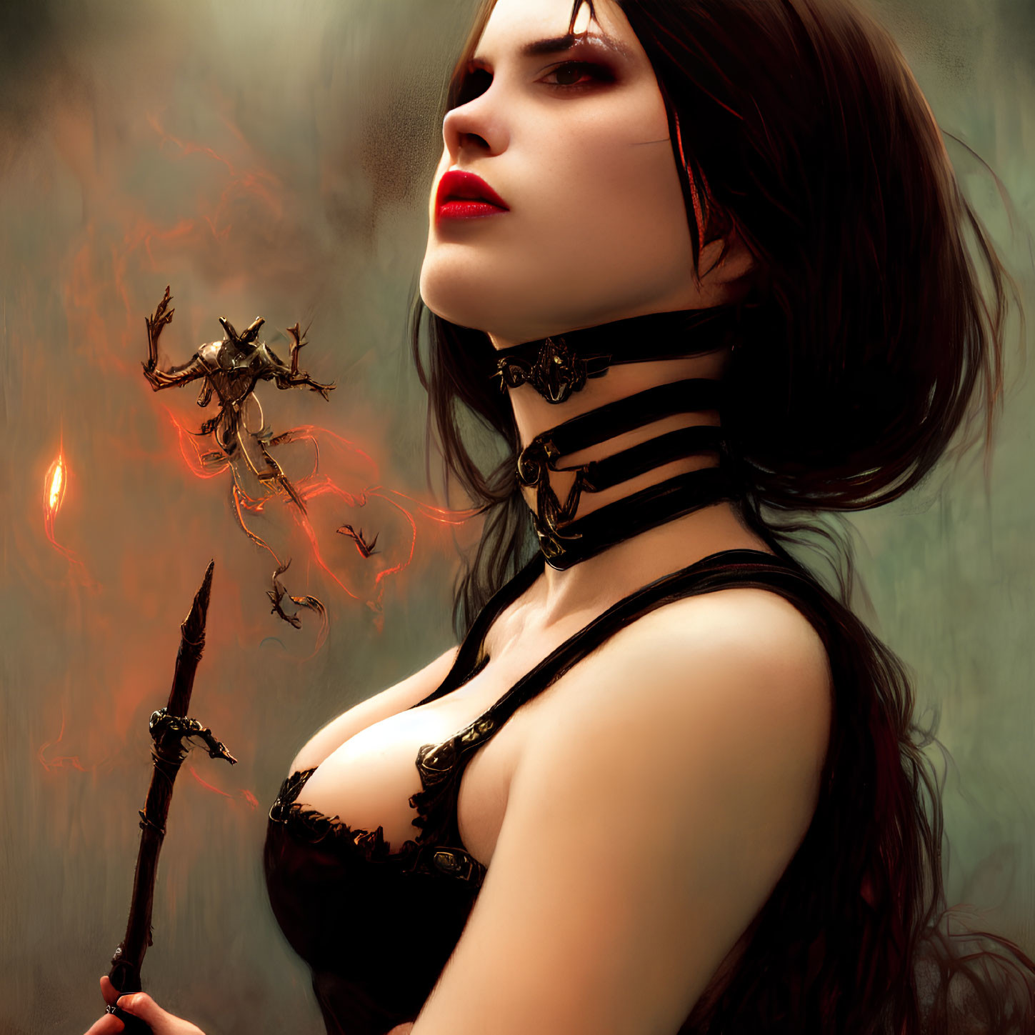 Digital Artwork: Woman with Dark Hair, Black Choker, Fiery Wand, Misty Background