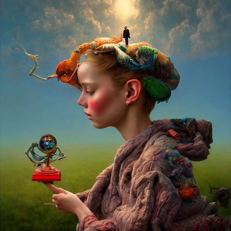 Surreal portrait of a woman with knitted fabric headdress and reptiles, holding a globe