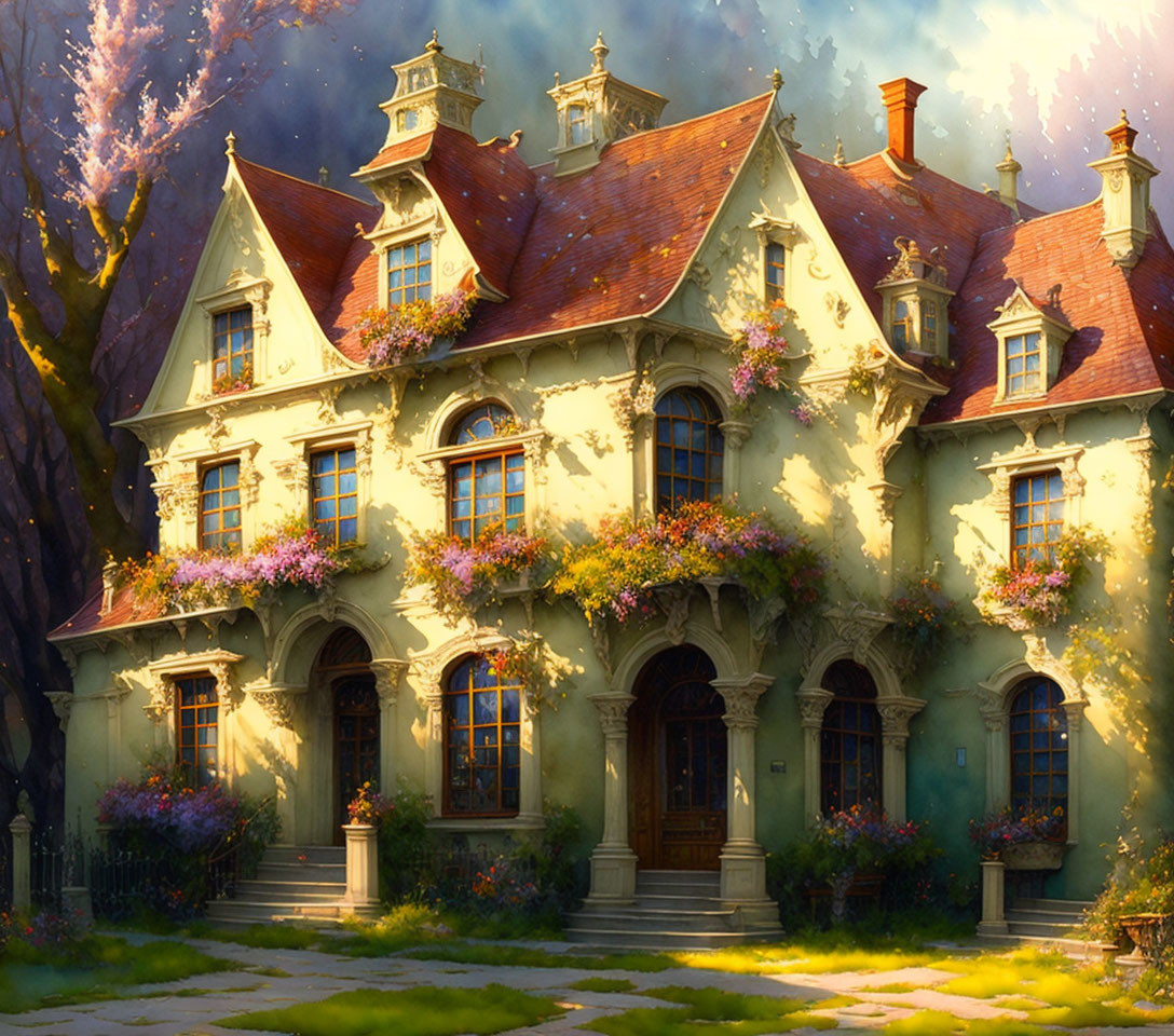 Ornate large house with vibrant flowers in warm sunlight