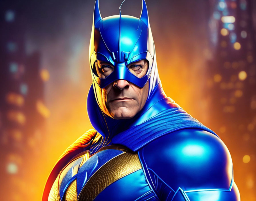 Stylized superhero in blue armor with bat-like mask in urban backdrop