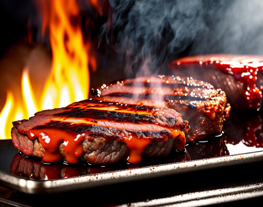 Grilled Steaks with Barbecue Sauce on Hot Grill