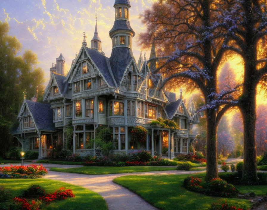 Victorian-style mansion with lush gardens and sunset light path