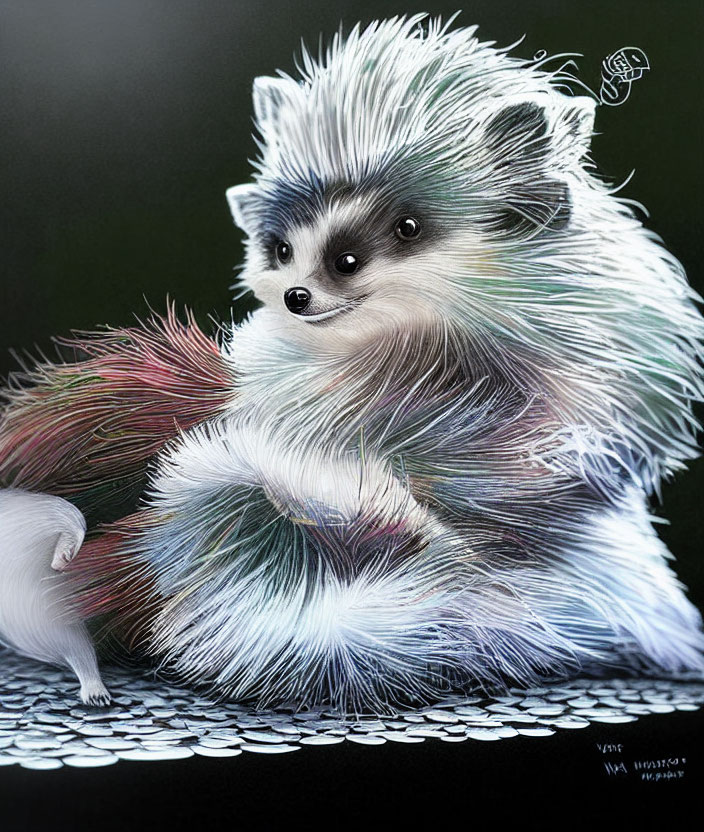 Colorful whimsical hedgehog with spiky fur in white, blue, and pink on dark