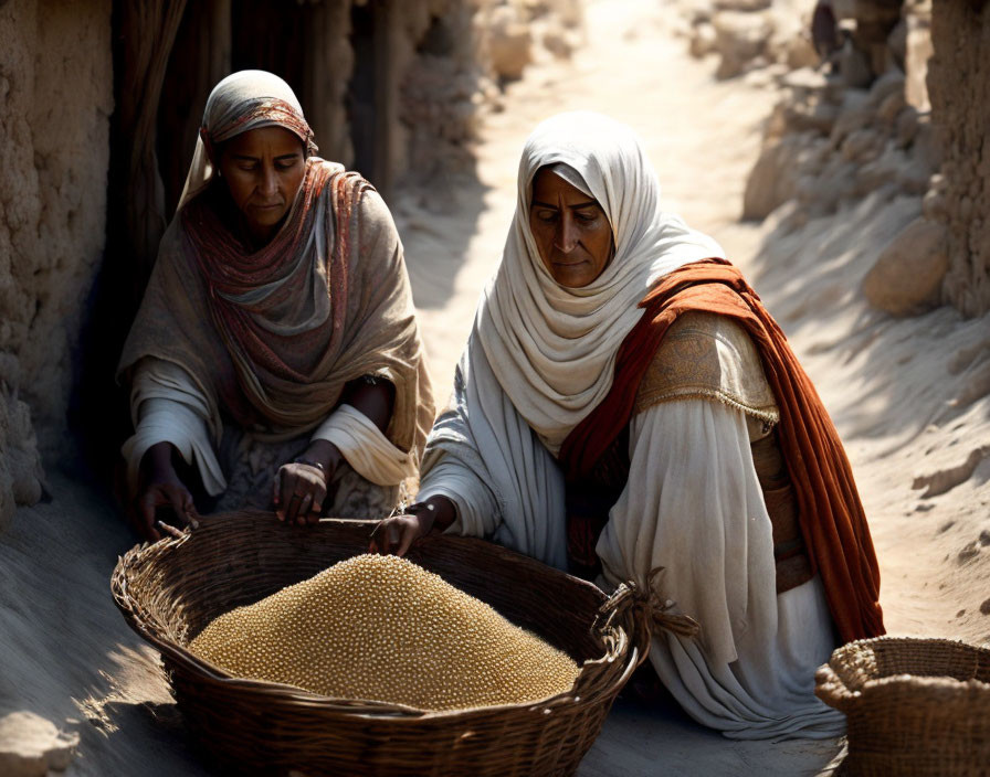 Traditional attire women sorting grains in narrow alleyway with woven basket.