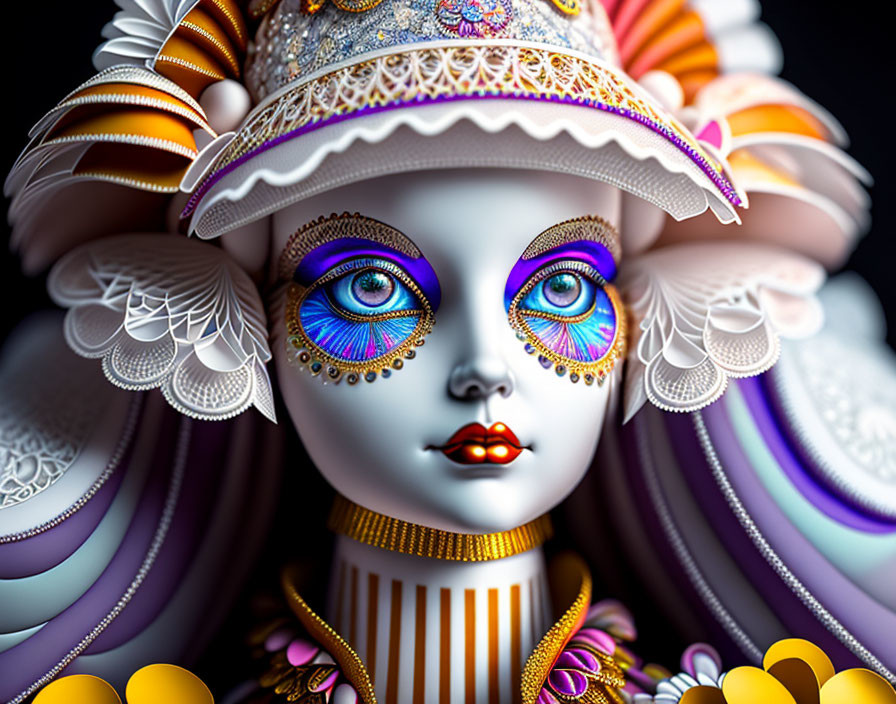 Colorful doll-like figure with intricate patterns, orange lips, winged adornments, and ornate