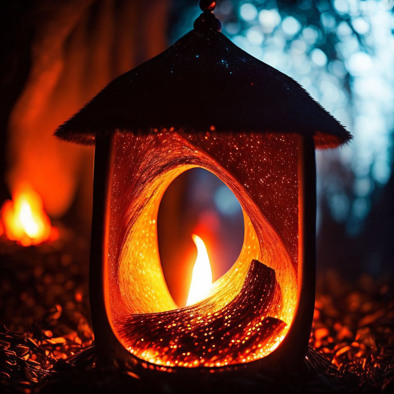 Glowing lantern with visible flame in dark bokeh background