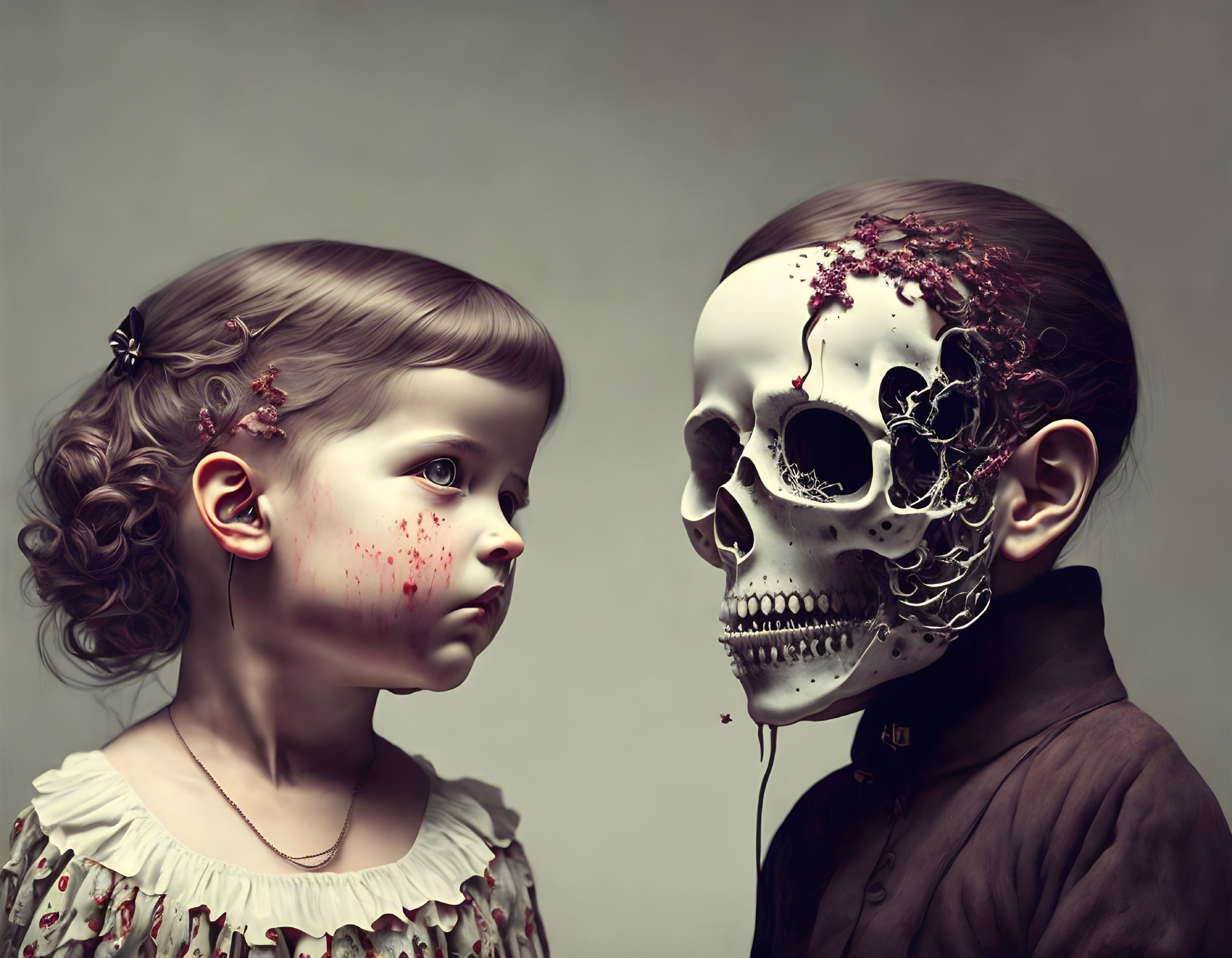 Dark-themed digital artwork: Young girl confronts humanoid skull