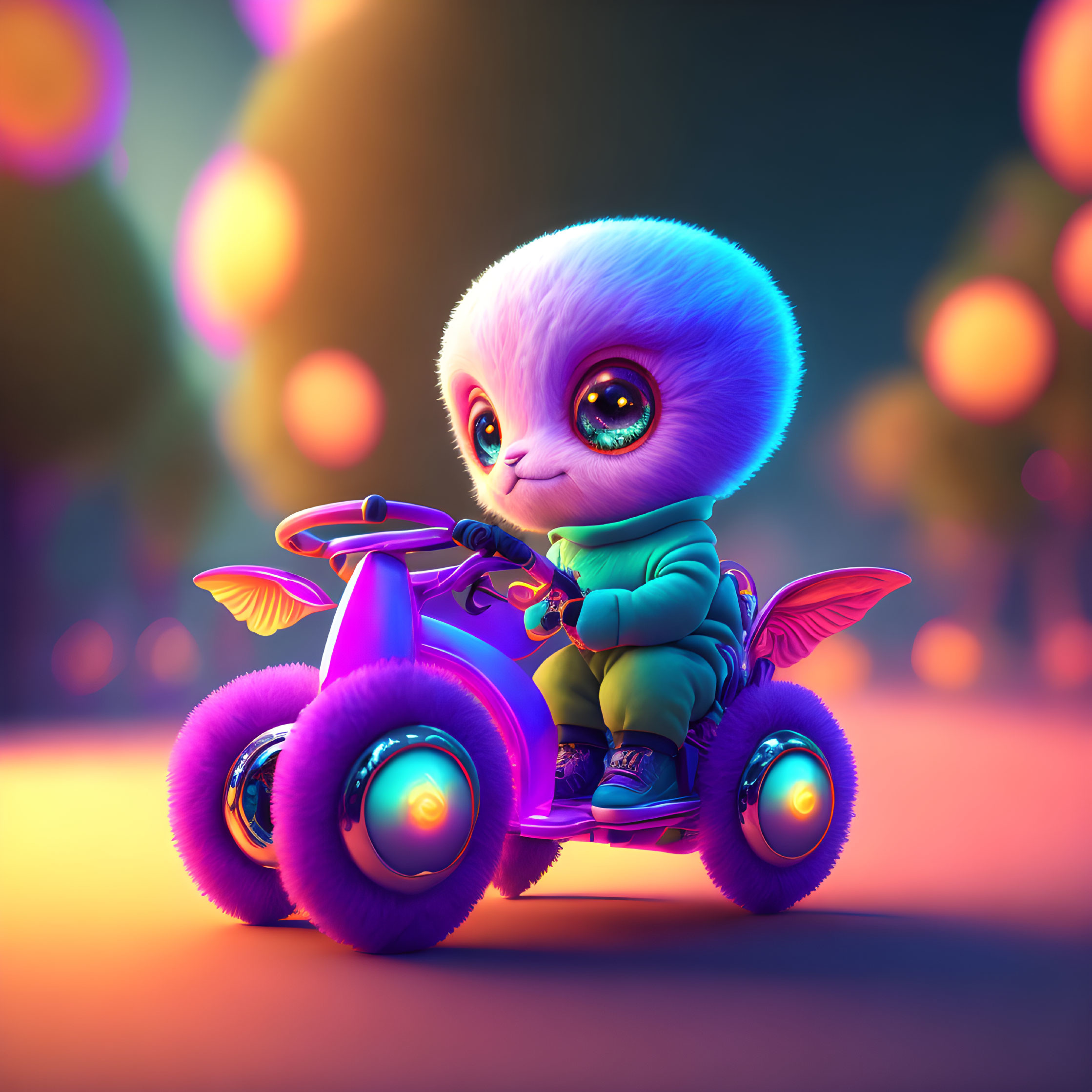 Fluffy creature on purple tricycle in vibrant, dreamy setting