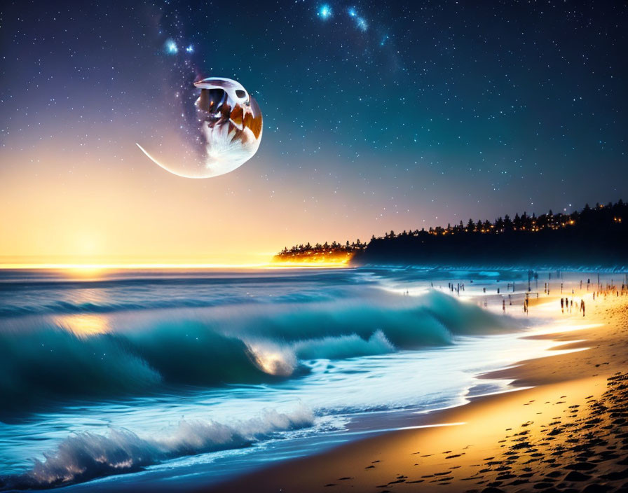 Crescent moon with human-like mask over starlit beach