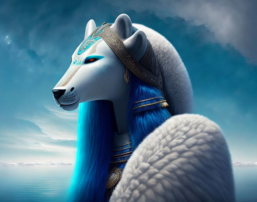 Majestic white wolf with blue eyes and ornate jewelry against serene sky