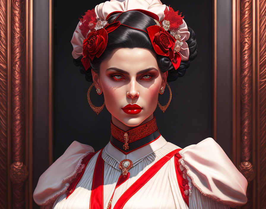 Stylized portrait of woman with dark hair, red lipstick, roses in hair, white blouse,