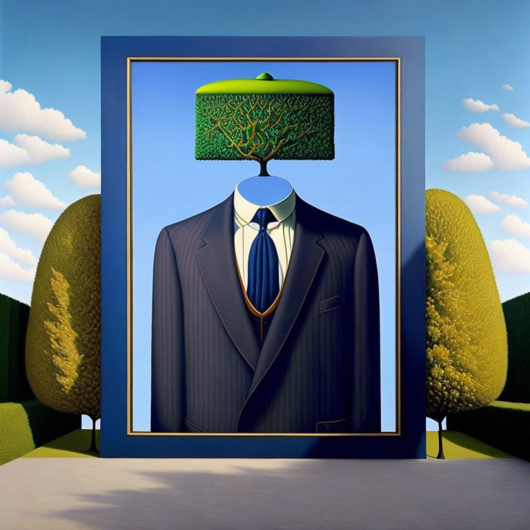 Surreal headless suit with tree head in landscape painting