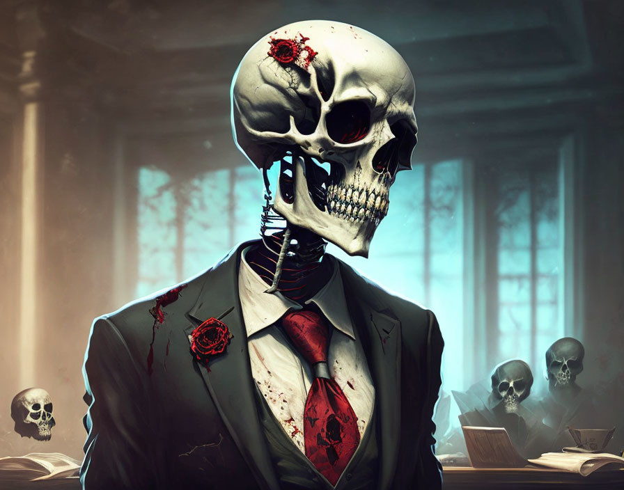 Skeleton in Suit with Red Tie in Skull Decor Room