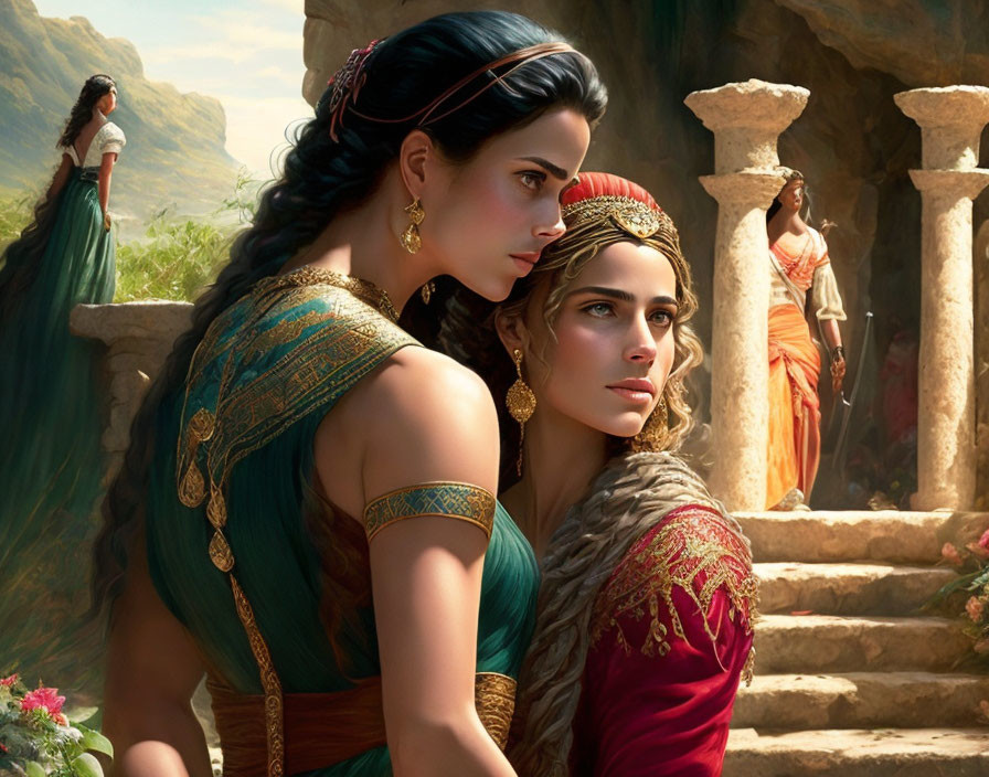 Two women in ancient attire with ornate jewelry, one seated, the other standing by ruins under a