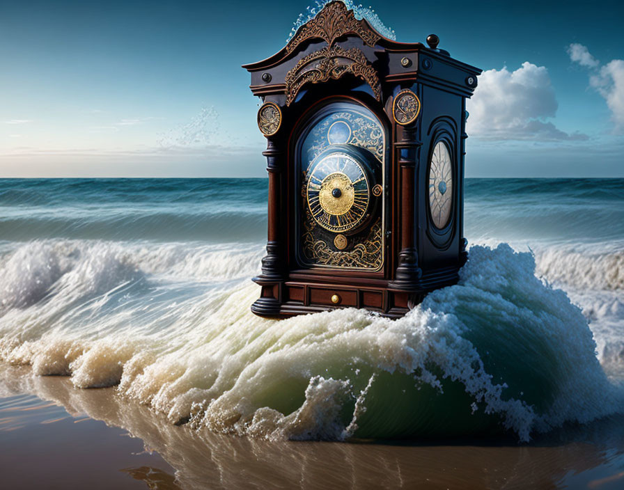 Ornate grandfather clock in ocean waves under dramatic sky