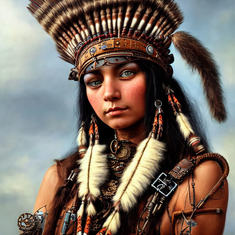 Woman in Native American attire with feathered headdress and face paint against cloudy sky