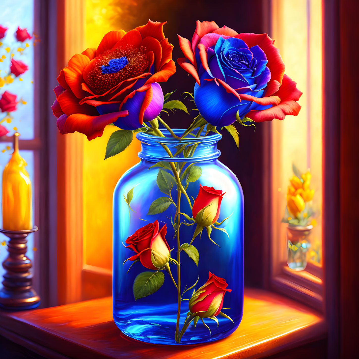 Colorful Roses in Blue Glass Jar on Wooden Surface with Sunlit Window