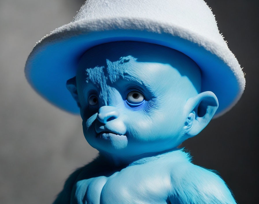 Blue baby with exaggerated features wearing white fedora under dramatic shadows