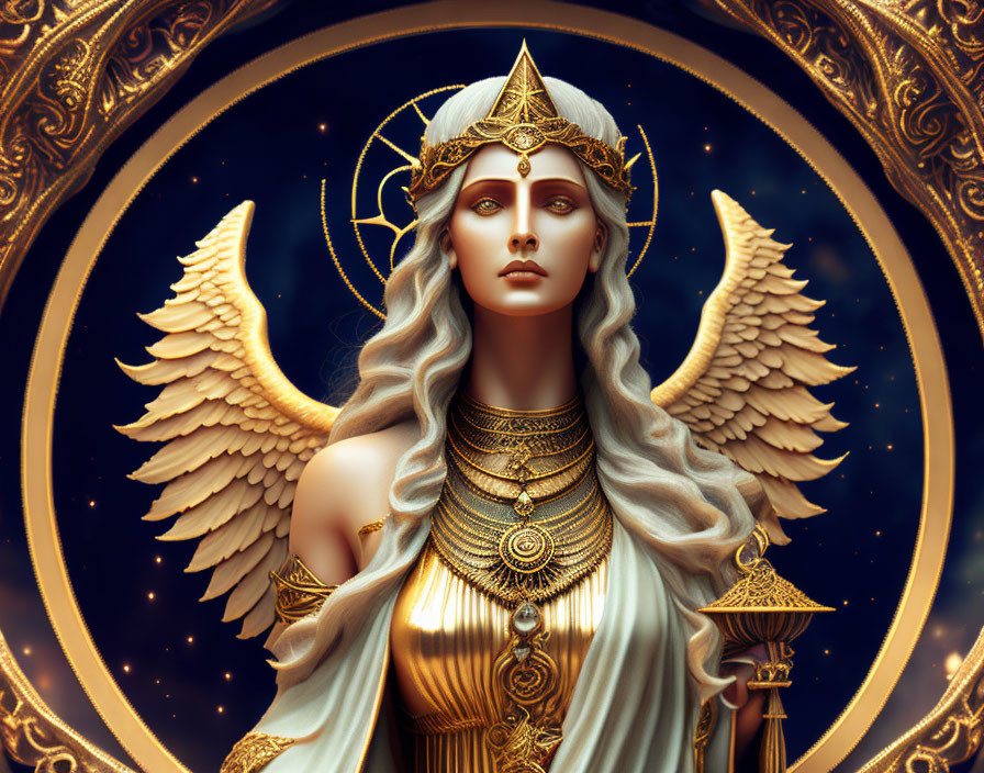 Mystical female figure with white wings and golden headdress in cosmic setting