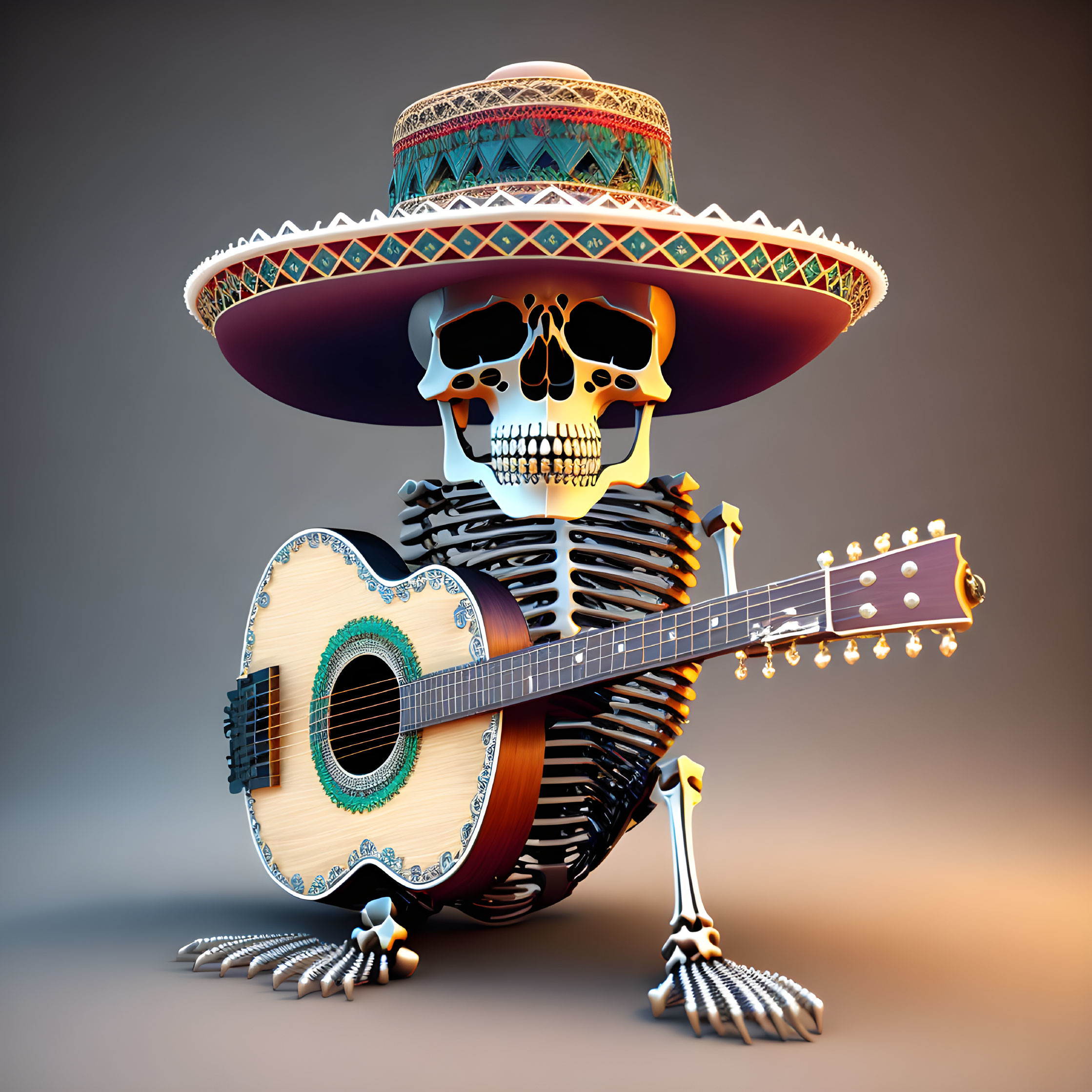 Skeleton in Sombrero Leaning on Guitar: 3D Day of the Dead Illustration