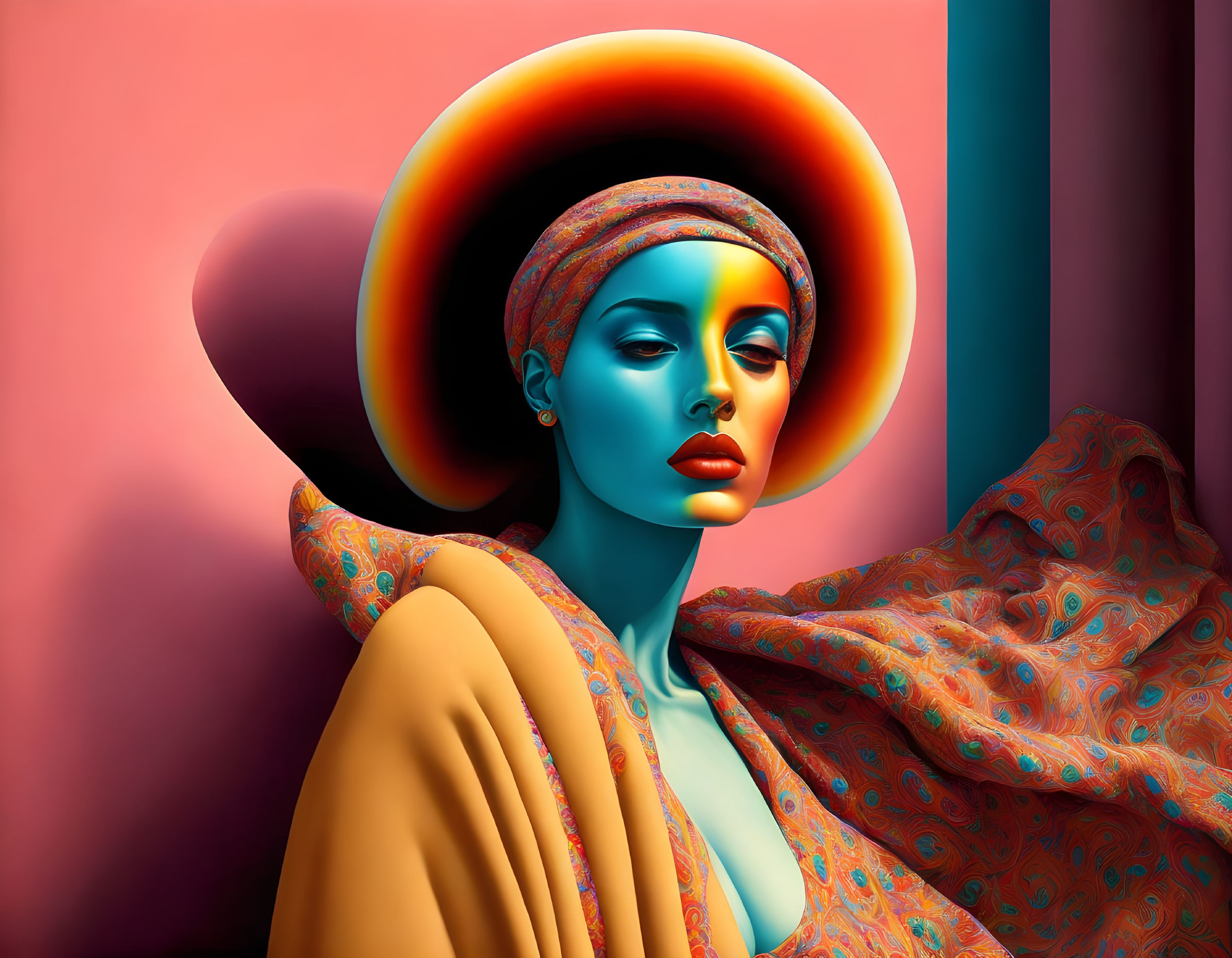 Blue-skinned woman in wide-brimmed hat and mustard garment on pink and teal backdrop