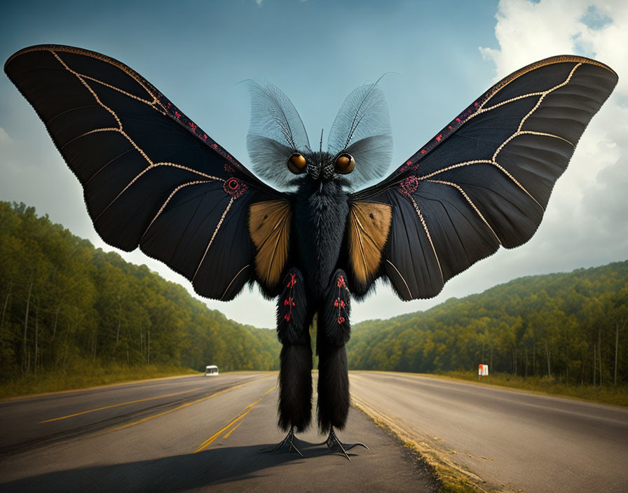 Surreal creature with cat body and butterfly wings in forest landscape