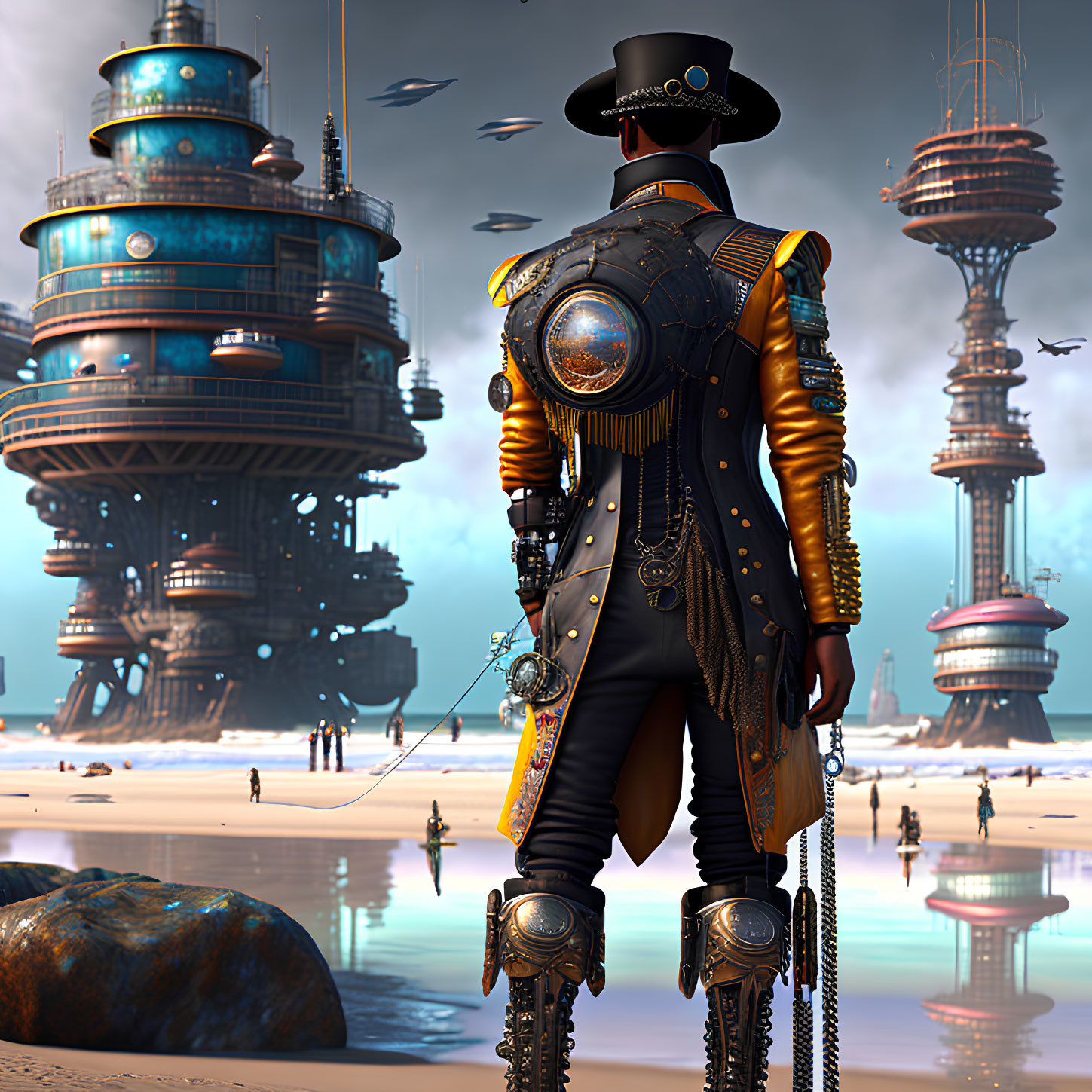 Steampunk outfit with hat and goggles on sandy beach with futuristic towers and flying ships.