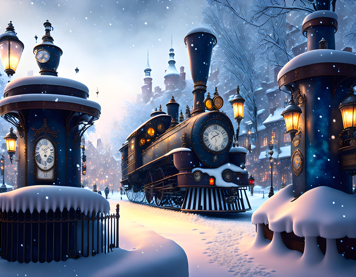 Vintage train at snowy twilight station with fairy-tale castle in distance